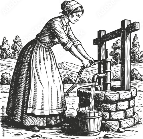 Vintage woodcut illustration of a 19th-century woman drawing water from an antique stone well using a hand pump. Detailed retro rural scene, isolated on white background.