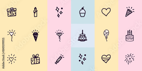 A collection of delicate hand drawn party and celebration themed icons in pastel colors