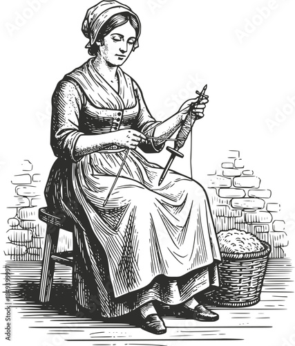 Vintage woodcut illustration of a colonial woman spinning thread using a traditional hand spindle. Detailed retro artisan scene of textile craftsmanship, isolated on white.