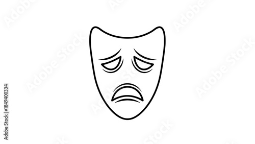Minimalist line-art tragedy mask icon (sad theater mask) - black outline vector