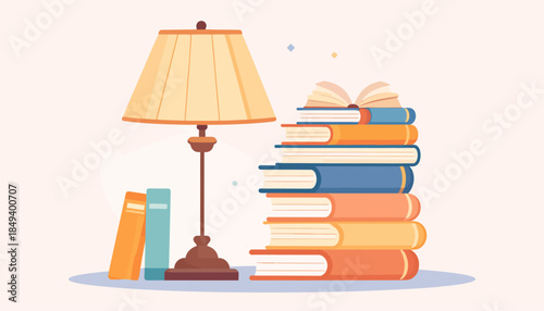 A cozy and inviting scene featuring a warm glow from a classic lamp illuminating a vibrant stack of books, representing knowledge, education, and the joy of reading in a serene setting