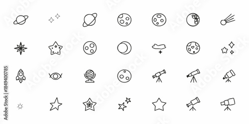A collection of simple linear space icons including planets stars and rockets
