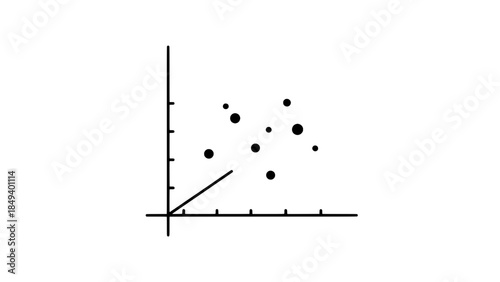 Minimalist black scatter plot with axes, data points and a short trend line - vector chart icon