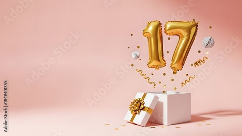 Golden Number 17 Balloon Popping Out of White Gift Box with Confetti on Soft Pink Background, Banner