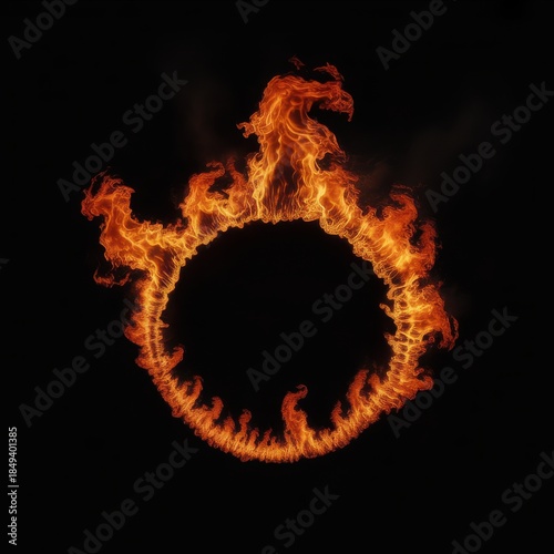 A circular ring of intense, flickering flames against a stark black background, evoking power and a sense of mystery.