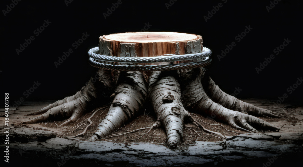 Fototapeta premium Dramatic Tree Stump With Roots Bound By Steel Cable in Dark Studio Setting