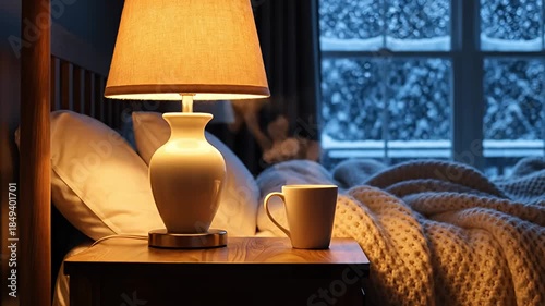 Cozy Winter Night - Warm Lamp, Hot Drink, and Snowy View.
