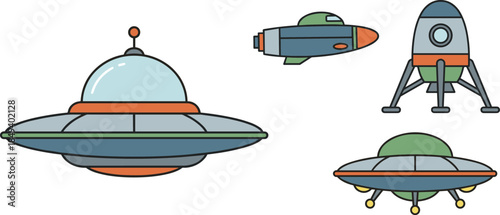 Cute spaceship and UFO icon set, cartoon rocket and flying saucer illustrations, colorful sci fi space vector collection