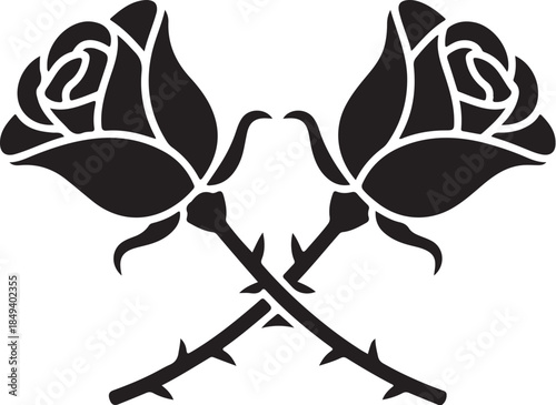 Two black roses with thorny stems crossed flower silhouette