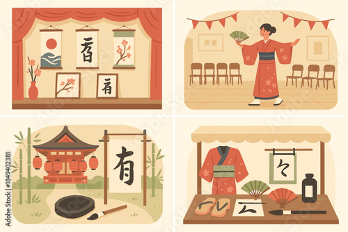 Vibrant Japanese festival scene with traditional decorations and food