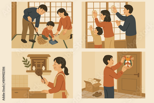 Family working together to move into a new home with boxes