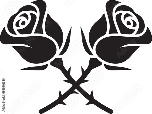 Two black roses with thorns crossed over white background