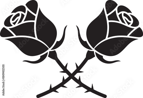 Two black roses with crossed thorny stems flower white