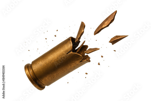 Shattered bullet shell casing exploding with fragments, symbolizing danger, violence, and destruction on transparent background