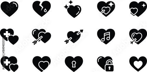 Set of 15 black heart icons with various designs including broken, sparkling, medical, arrow through, music note, and lock variations
