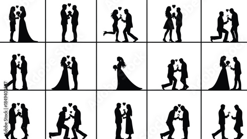 Collection of silhouettes representing romantic couples in various poses and interactions