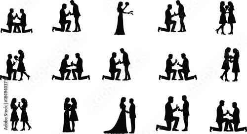 Collection of silhouette icons representing marriage proposals, engagements, and romantic couple moments