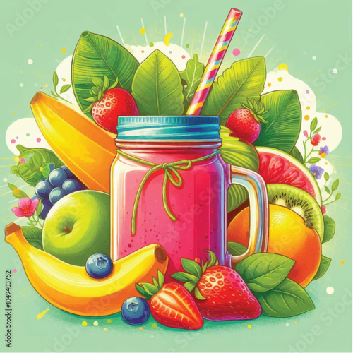 Vibrant Fruit Smoothie in Mason Jar with Fresh Fruits.