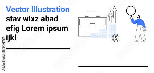 Briefcase, bar chart, arrow, coin, and person holding a balloon portray progress, success, data analytics, and innovation. Ideal for finance marketing strategy entrepreneurship career and simple