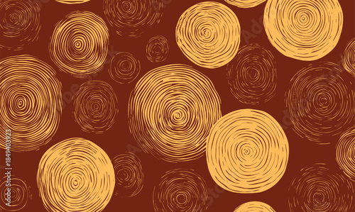 Seamless abstract pattern with hand-drawn spiral circles, resembling wood grain texture or organic rings on a warm brown background. Rustic and earthy vector design.
