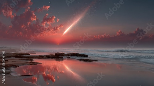 Coastal sunset featuring a celestial event, reflected in wet sand and ocean waves