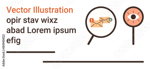 Email monitoring, communication safety, data analysis, digital alerts, cyber issues, spam warnings. A magnifying glass inspecting emails and an eye graphic. Email monitoring and communication safety