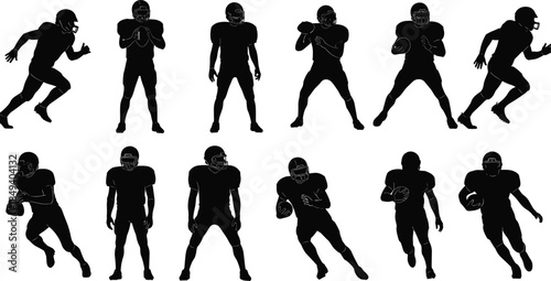 American football player silhouettes set isolated on white background showing running passing tackling poses for sports design training concept, illustration vector athletes motion collection