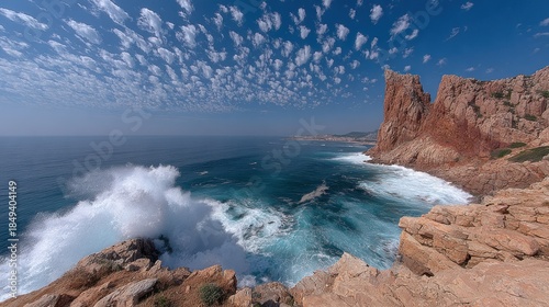 Coastal vista featuring dramatic cliffs, crashing waves, and a textured cloudscape over the sea