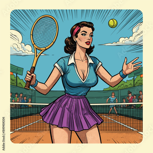 Colorful engraving of Vintage Female Tennis Player