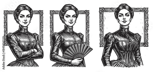 Vintage woodcut illustration of three elegant Victorian ladies in high-collar gowns, one holding a hand fan. Detailed retro portrait set, isolated on white background.