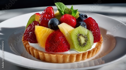 Colorful fruit tart on white plate, assortment of fresh berries, citrus, kiwi, & mint