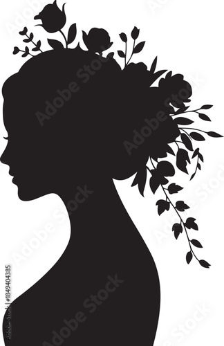 Black silhouette profile of woman with floral hair adornment