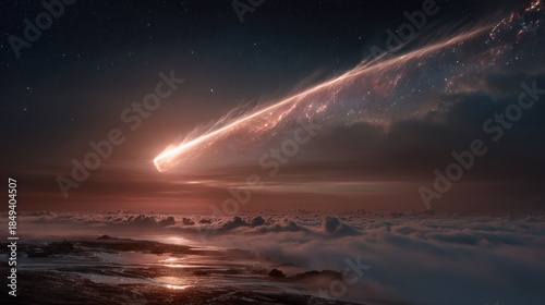 Cosmic display of a fiery celestial object streaking across a starry night sky above clouds