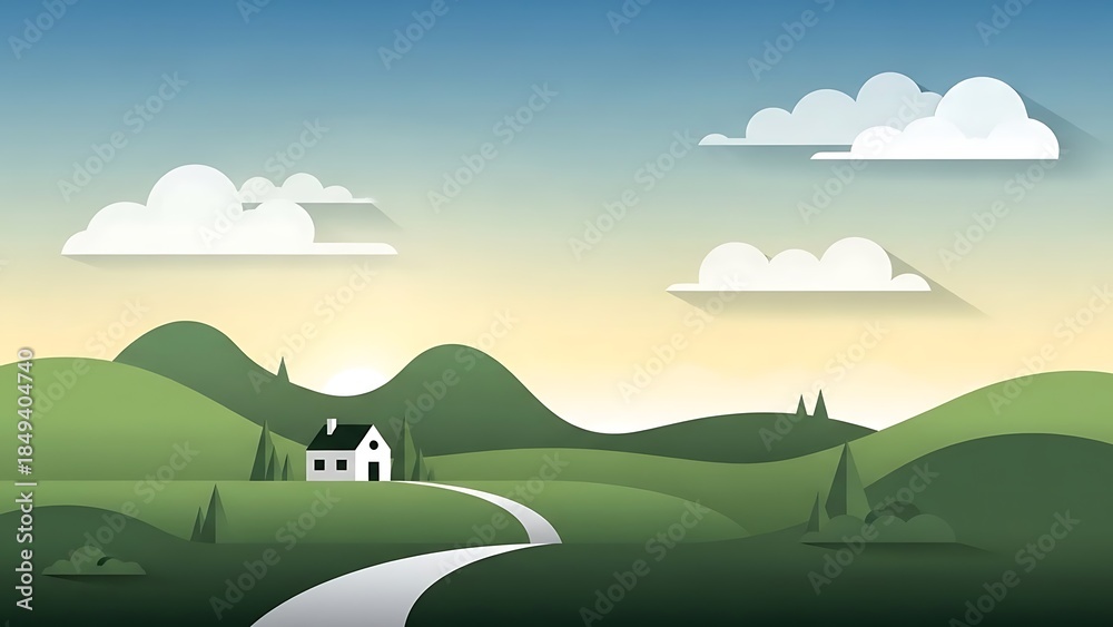 Fototapeta premium Serene countryside landscape illustration with rolling green hills, a winding path, and a quaint house under a cloudy sky