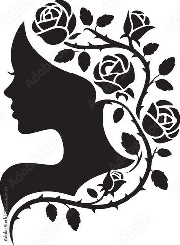 Black silhouette profile of a woman with roses and thorns