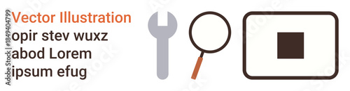 Search tools, diagnostics, maintenance, research, object detection, and data analysis. A magnifying glass, wrench and square symbol. Search tools and diagnostics concept