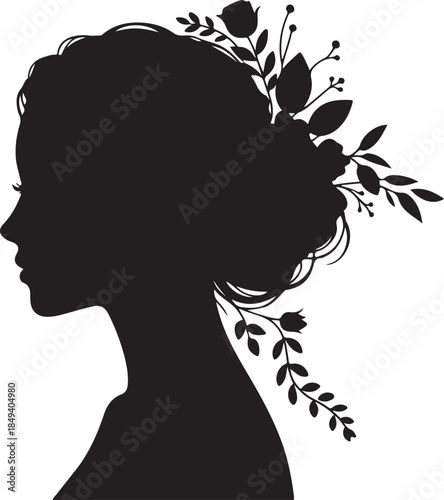 Black silhouette profile of a woman with flowers in her hair