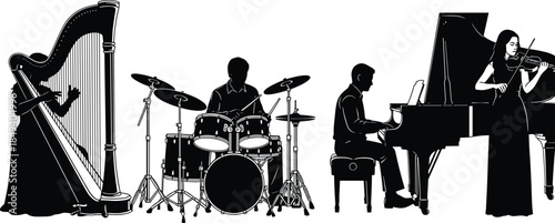 Musician silhouette ensemble, harp, drum, piano, violin performance, classical concert, orchestra illustration, black icon, music group, flat vector
