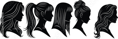 Female hairstyle silhouette collection, diverse hair profiles, beauty concept, elegant women heads, black icon illustration, fashion design reference, flat vector