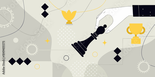 Strategic game elements chess pieces trophies and a hand making a move