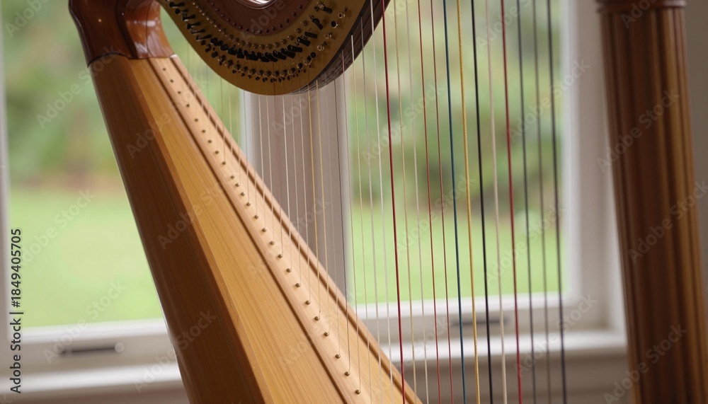 Obraz premium Close-up of a wooden concert harp with strings and soundboard by a sunlit window, warm tones and shallow depth of field