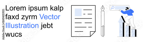 Business planning, data analysis, digital search, document management, creativity, and growth tracking. a document, a pen and a person examining a chart. Business planning and data analysis concept