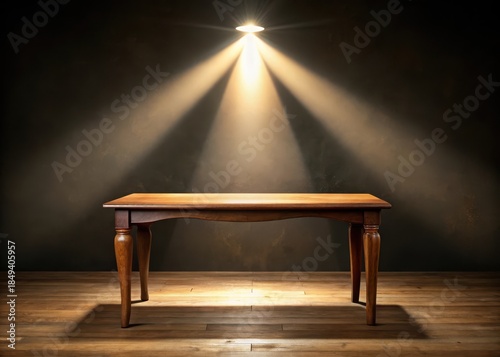 A solitary wooden table stands sentinel under a spotlights gaze, awaiting the display of curated treasures