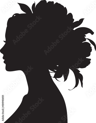 Black silhouette of a woman's profile with flowers in her hair
