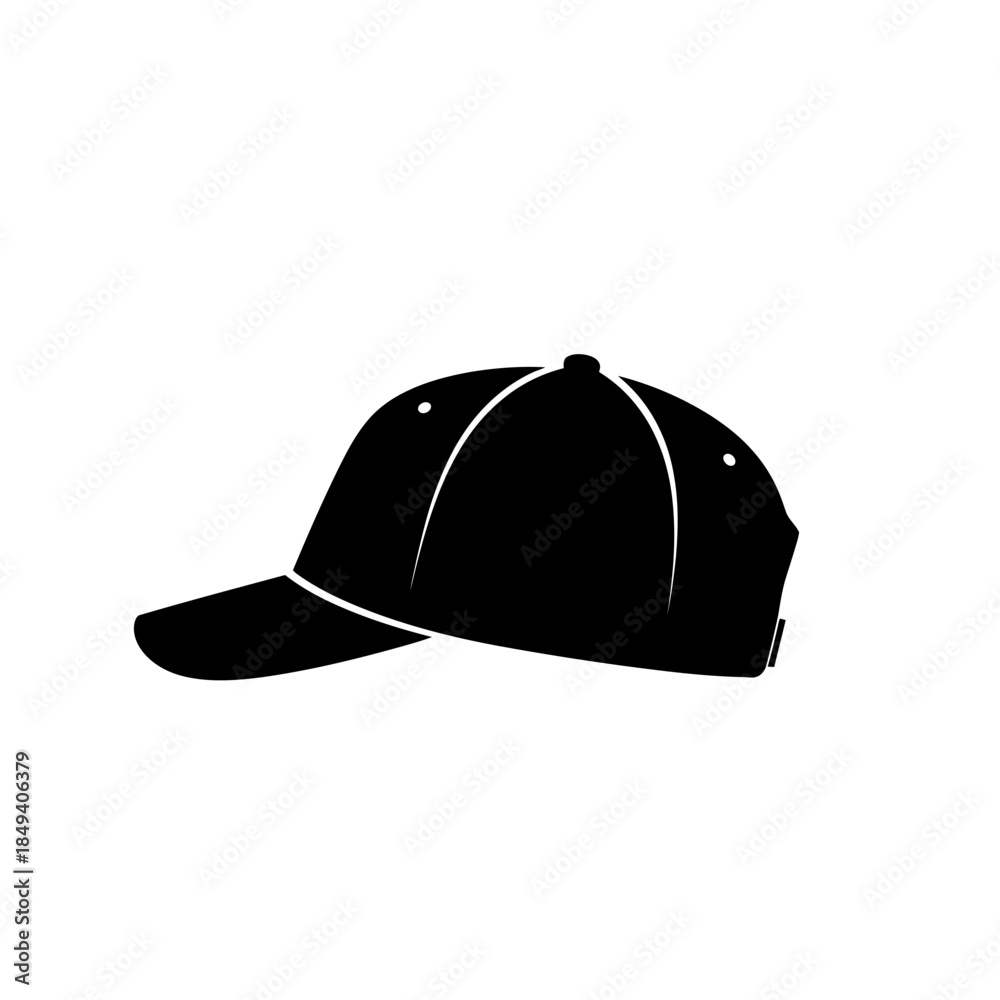 Fototapeta premium Baseball Cap Hat Side View Sport Black Silhouette Vector Icon Isolated on White Background for Fashion Design