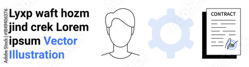 Business, employment, technology, service agreement, process efficiency, document signing. A head outline, gear symbol and signed contract image. Business and employment