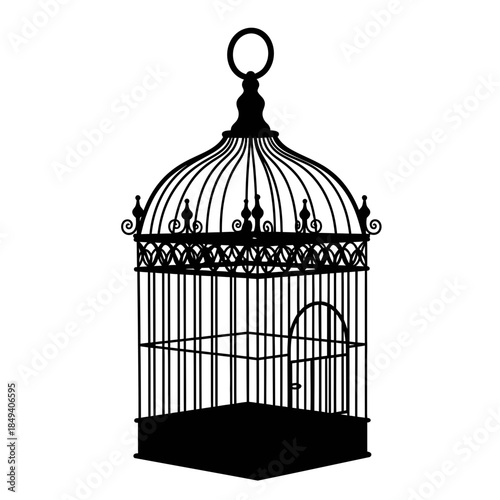 Vintage Bird Cage Pet Home Decoration Black Silhouette Vector Icon Isolated on White Background for Animal Design