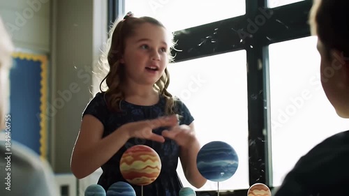 Young girl gives a presentation on the solar system to her classmates.