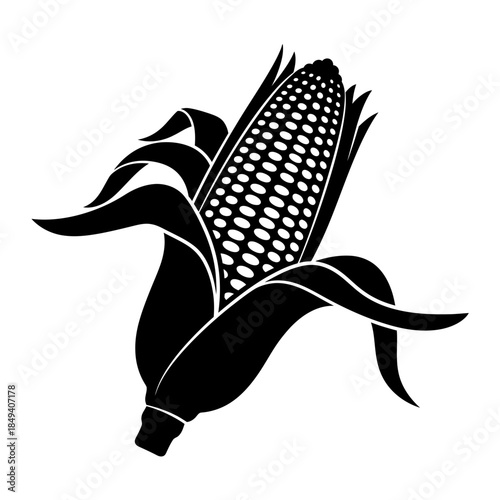 Peeled Corn Cob Husk Vegetable Farm Black Silhouette Vector Icon Isolated on White Background for Harvest Design