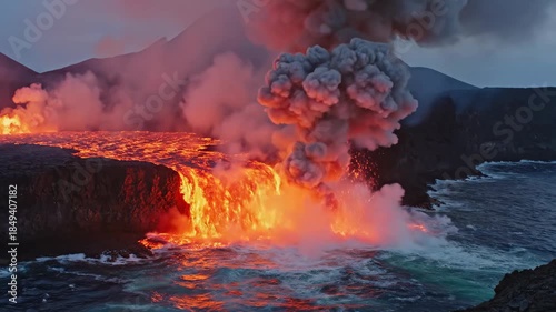 Active Volcano Eruption With Lava Flowing Into Ocean Under Dramatic Dusk Sky